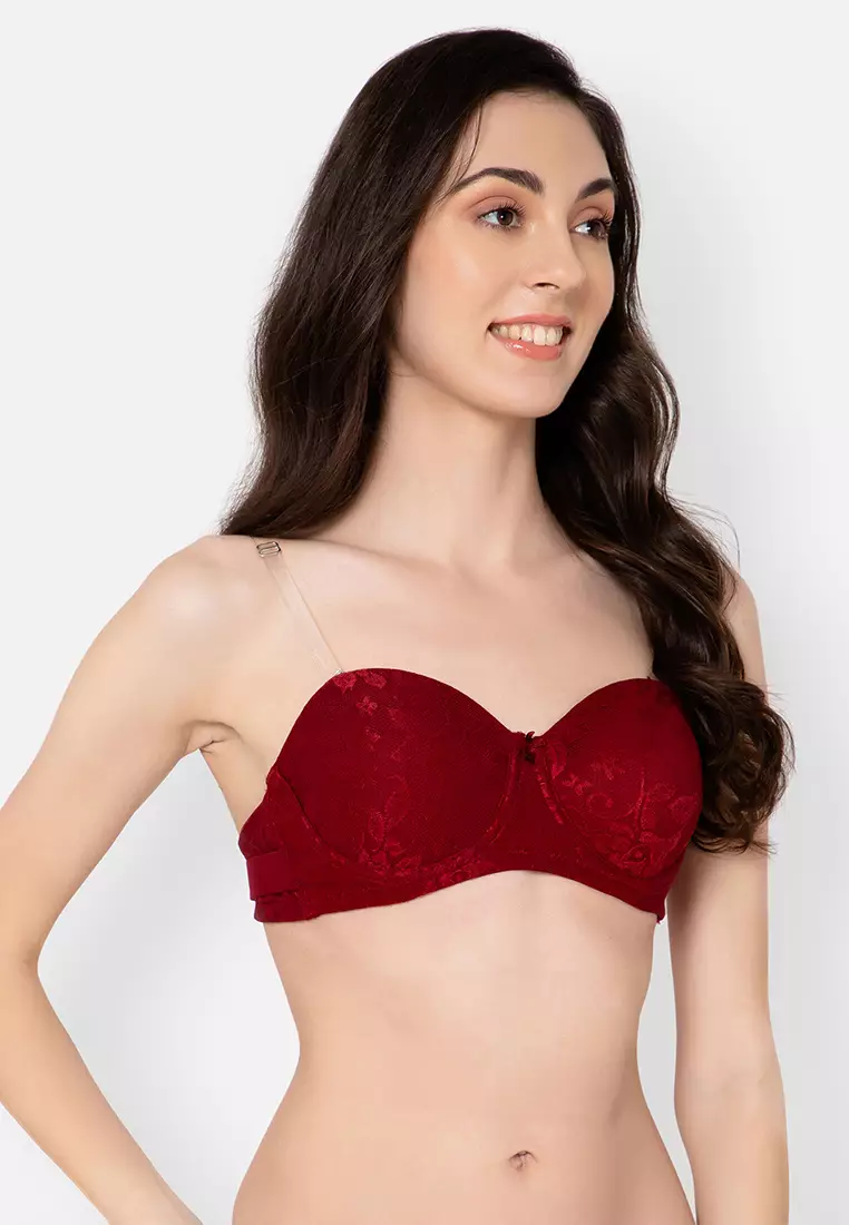 Clovia Invisi Padded Underwired Full Coverage Strapless Balconette Bra in Maroon with Transparent Straps & Band - Lace