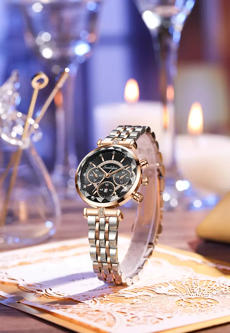 Jam Tangan Wanita Original B005 Kalendar Anti Air Berlian Kuarsa Tali Stainless Steel Jam Tangan Cewek roseblack