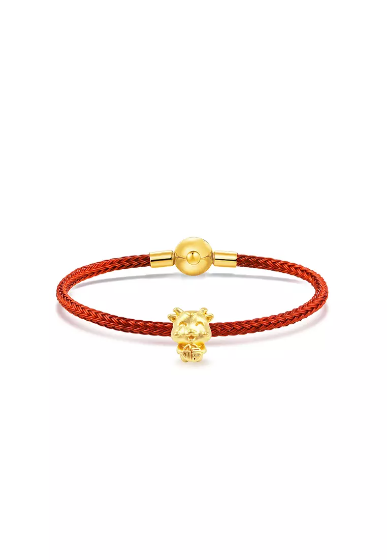 THE Mix Collection 999.9/24K Pure Gold 12 Zodiac Charm Red Steel Wire Clasp Bracelet Set L1-B649H