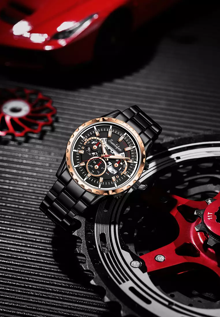 Jam Tangan Pria 8081 Kuarsa Hollow Design Kalender Tali Stainless Steel Jam Tangan Cowok blackgold