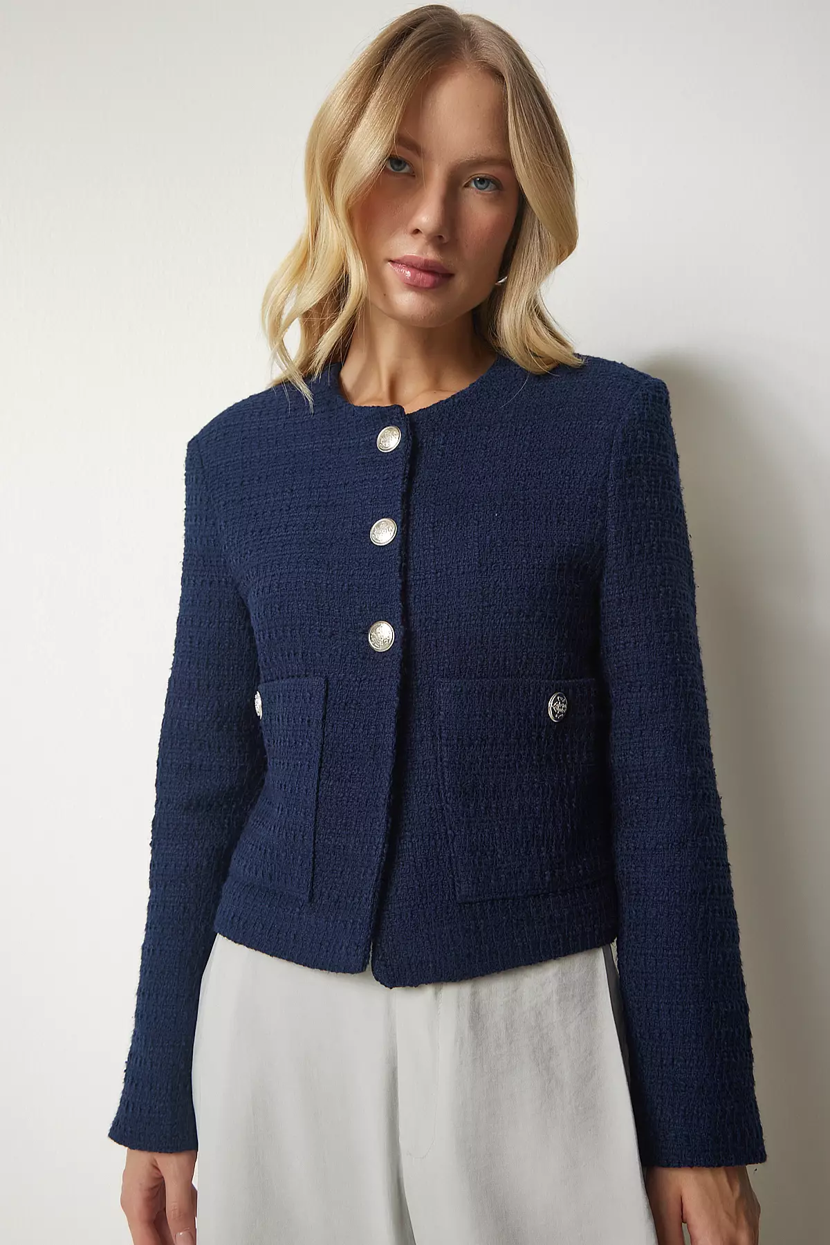 Buy Happiness Istanbul Navy Blue Buttoned Tweed Jacket 2024 Online