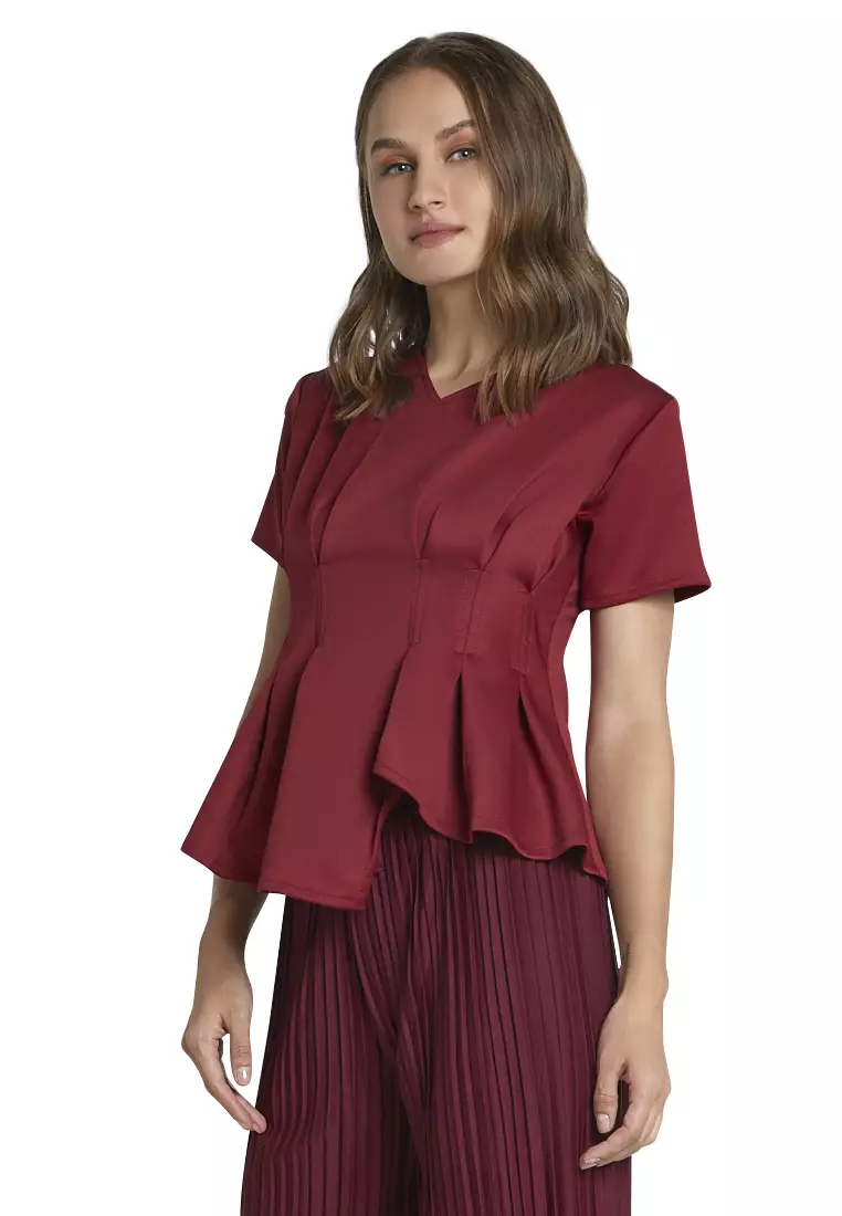 Callie Blouse Short Sleeve Motif Solid Atasan Wanita Casual - Maroon