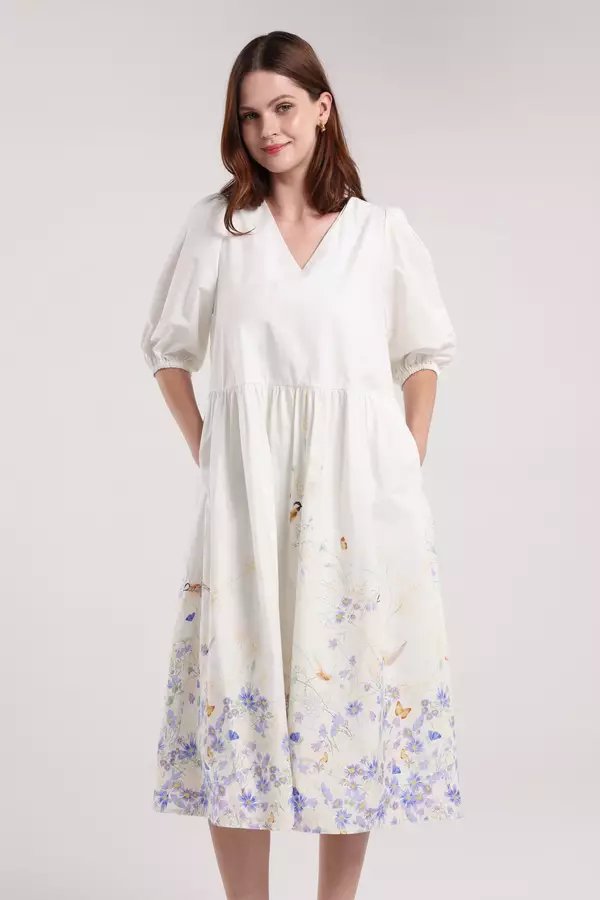 MINIMAL - Rhythm - Gaun Lengan Balon Motif Bunga  - Off White Warna Offwhite