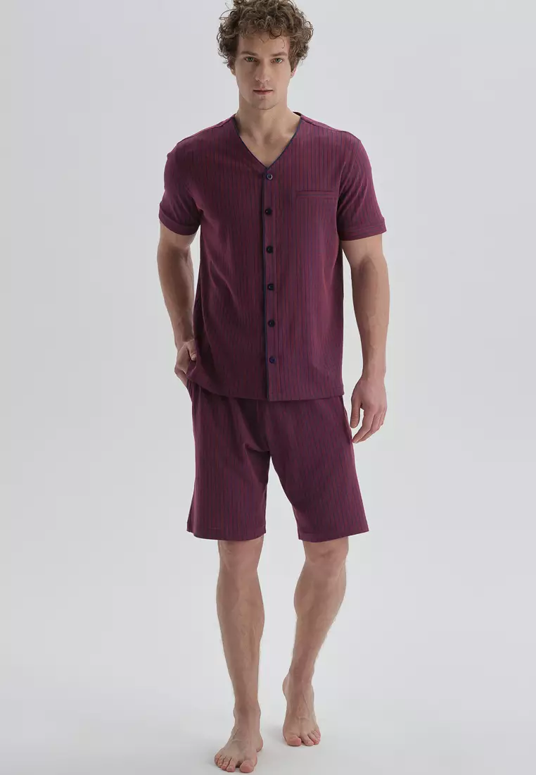 Bordeaux Short Pyjama Set, Striped, V-Neck, Regular Fit, Short Sleeve Homewear And Sleepwear for Men