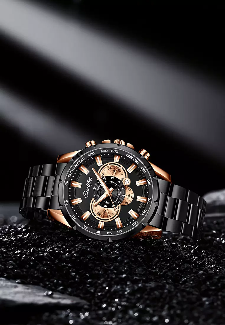 Jam Tangan Pria 3351 Kalender Kuarsa Jam Tangan Cowok Santai Tali Stainless Steel Original  blackgold