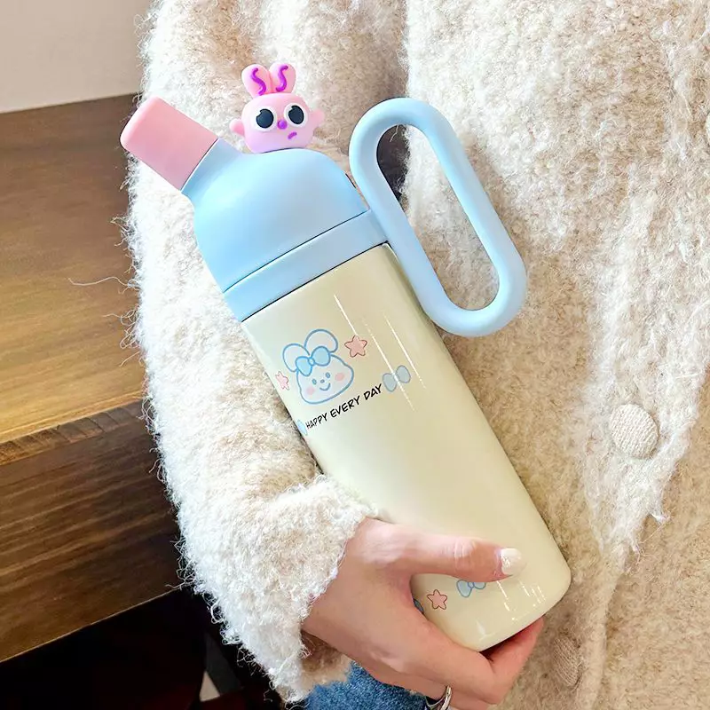 Wakakids Botol Minum Termos Stainless Steel Tumbler Lucu Happy Every Day Vacuum Cup Dengan Gagang 800ml K2031 Venjr Putih