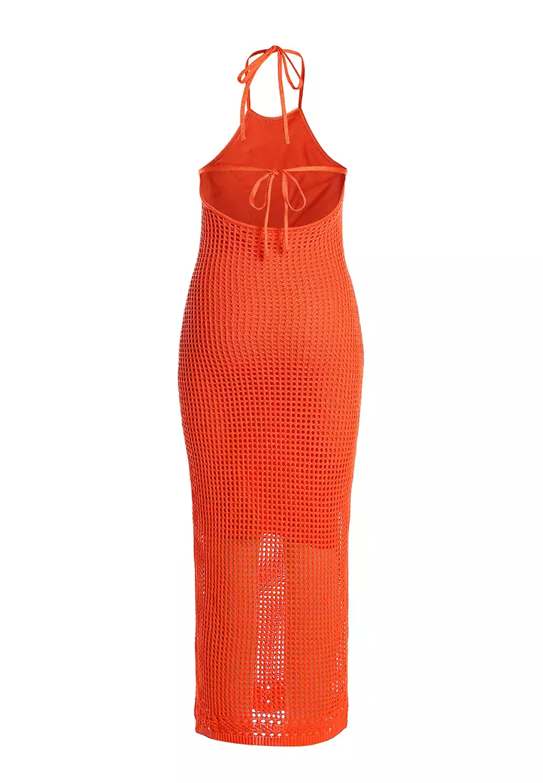 Halter Neck Backless Dress in Orange