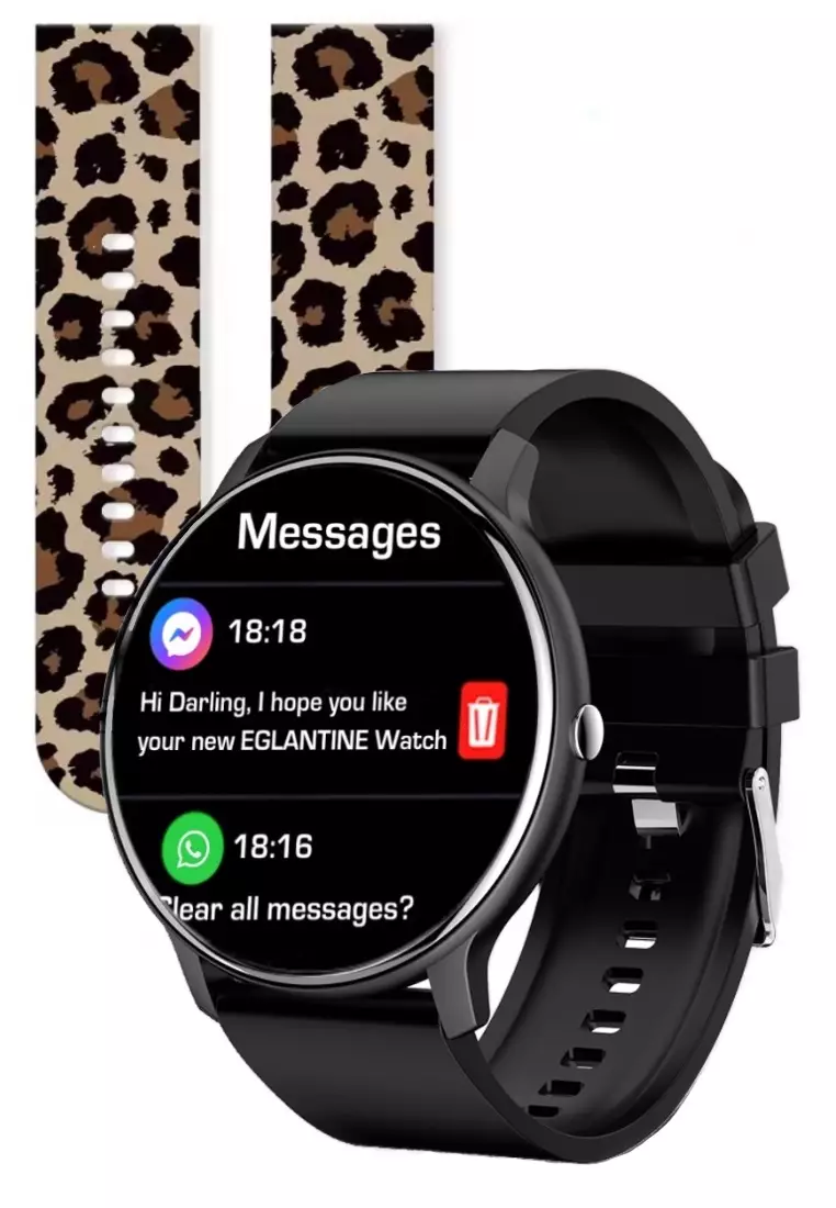 女士智慧手錶 - 配有 2 條易於更換的矽膠錶帶（黑色/豹紋圖案）