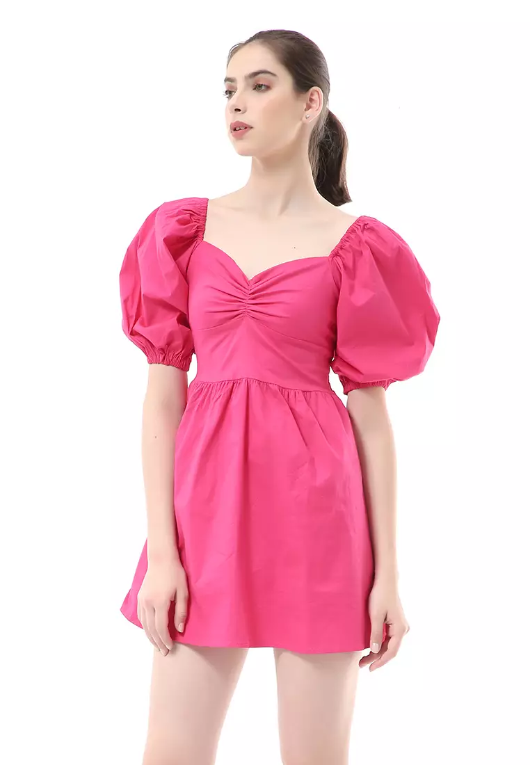 Rachel Dress Wanita Ballerina Pluffy Baloon Sleeve Simple Elegant Material Cotton ORIGINAL - Shocking Pink