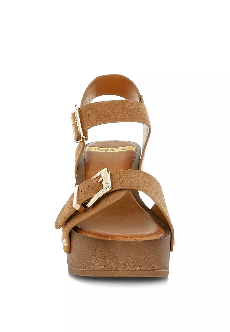 Real Suede Leather Clog Sandals In Tan