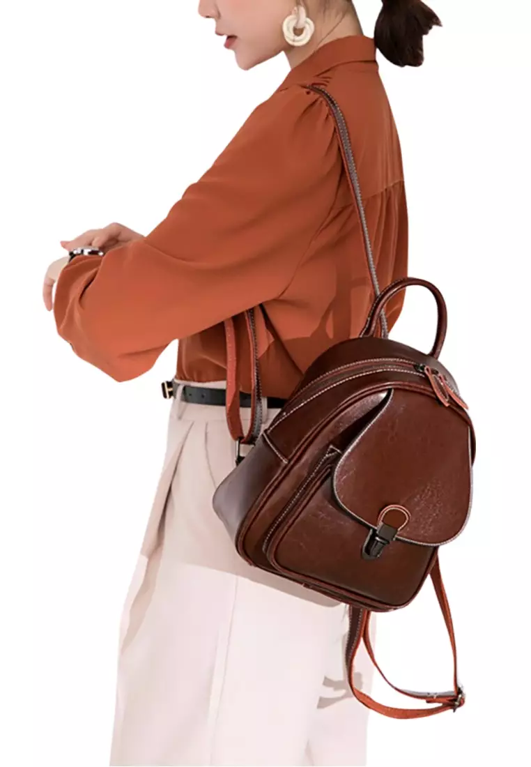 Women's Retro Zipper Cowhide Leather Backpacks