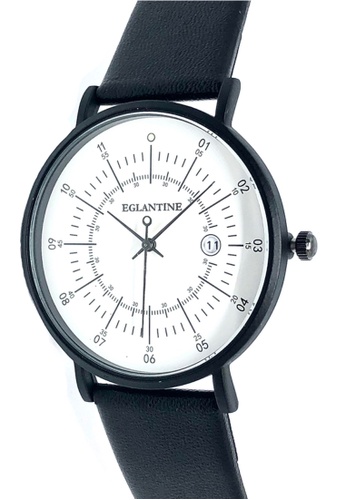 EGLANTINE black and white and silver EGLANTINE® Paname 42mm Unisex IP Black Alloy case Quartz Watch, White dial with Hours / Minutes on Black Leather Strap 0CB8DAC517A6E0GS_1