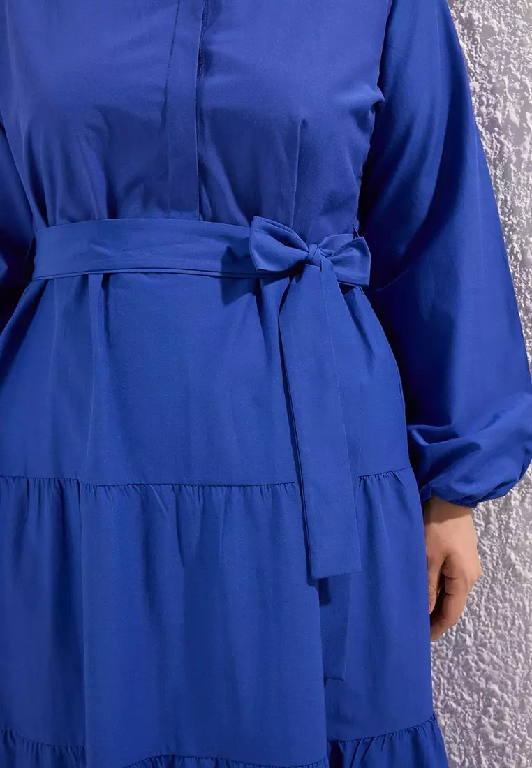 Plus Size Saxe Belted Judge Collar Button Detailed Woven Dress Tctss25Eb00150