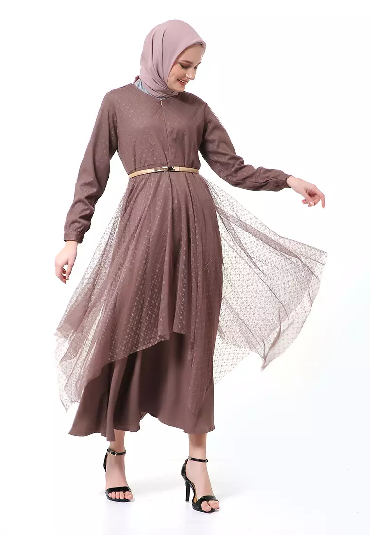 Zahwa Long Dress Gamis Muslimah Long Sleeve Free Belt High Quality - Oak Brown