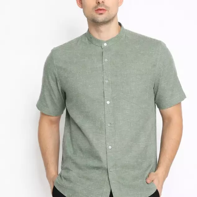 MAGINOT Kemeja Pria KOKO Basic Polos Lengan Pendek GREEN WHITE2