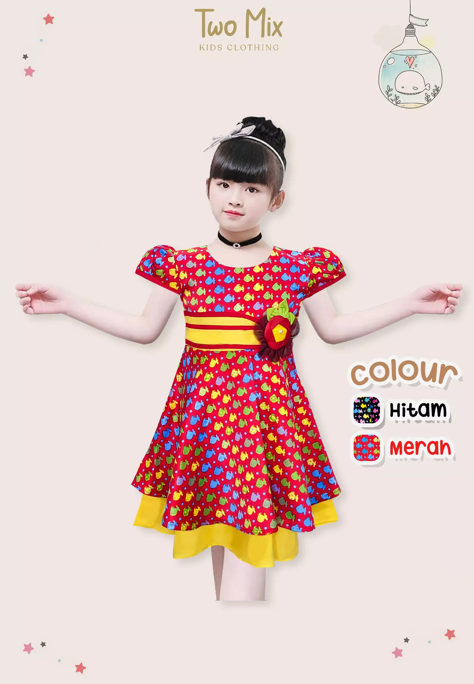Two Mix Baju Anak Perempuan - Dress Anak Cantik Bahan Satin Usia 1-12 Tahun Y849 Merah