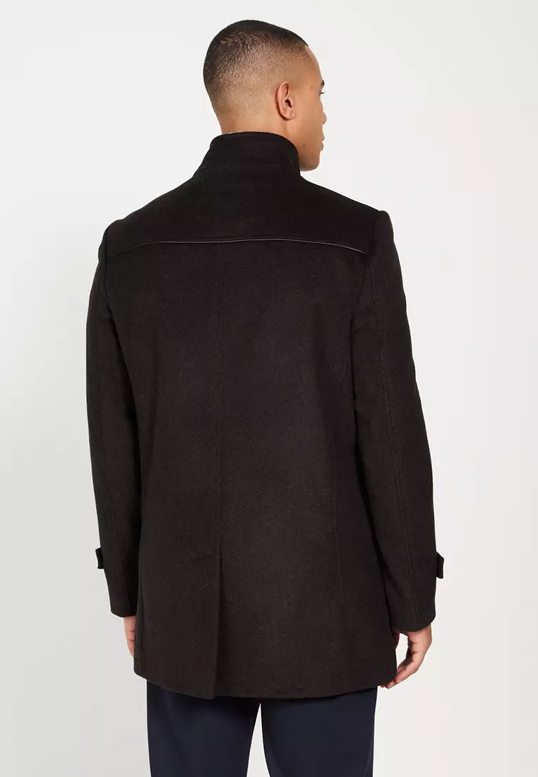 Men's Brown Standard Fit Regular Cut Stand Collar Patterned Woolen Coat