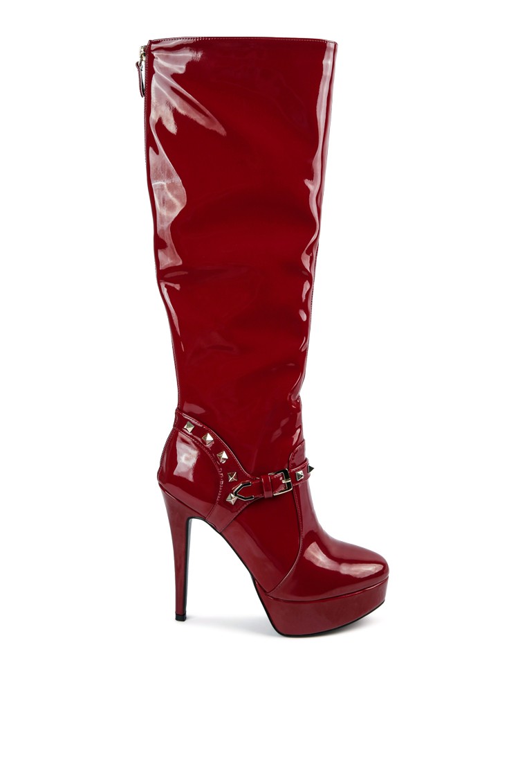 Burgundy Patent Stiletto Heeled Mid Calf Boots