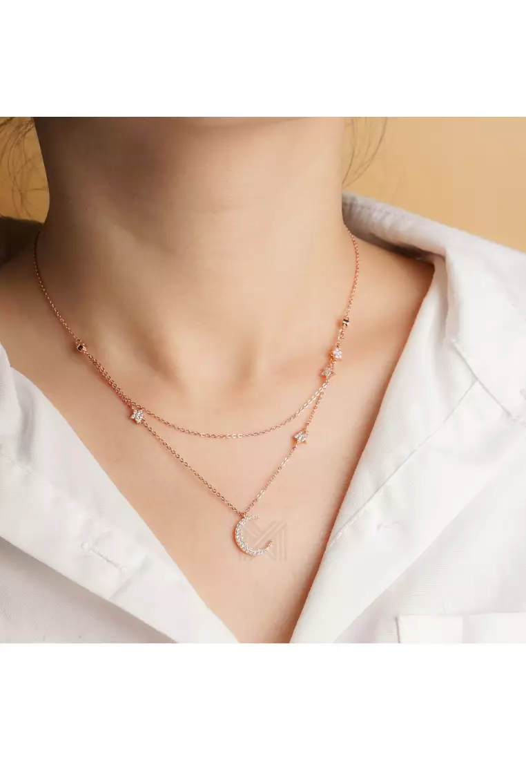 Match The Stars Moon and Stars Cubic Zirconia Rose Gold Necklace with 925 Sterling Silver