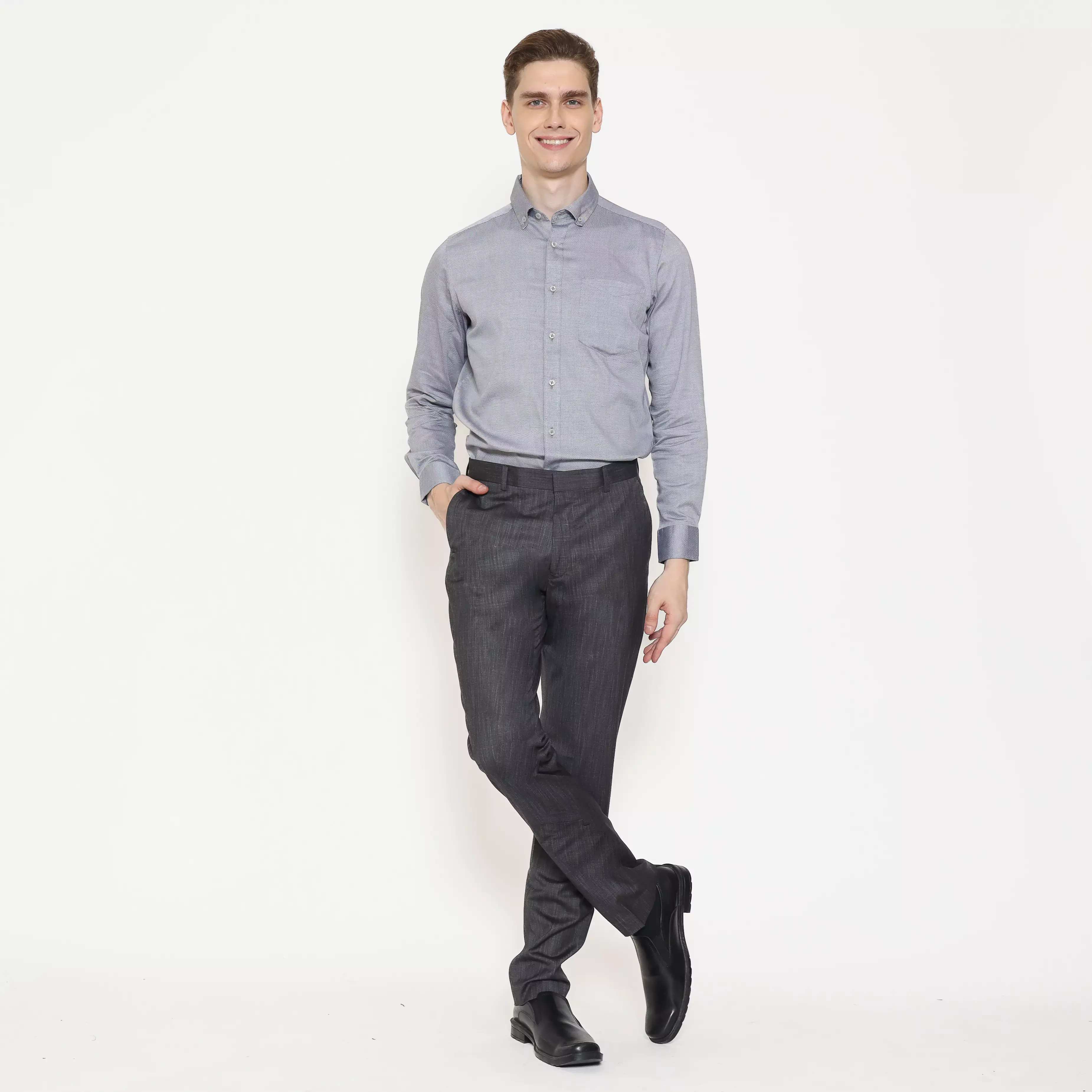 Schoeller Celana Pria Formal Slim Fit Bristol – Abu Hitam – Viscose Stretch – Motif Garis Halus