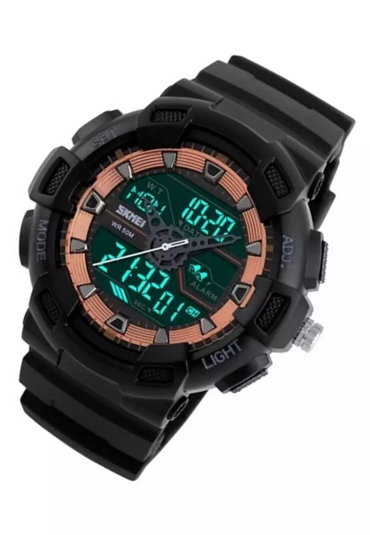 Jam Tangan Casual Digital Analog Pria LED Waterproof Strap Tali Material PU QQ10 ORIGINAL