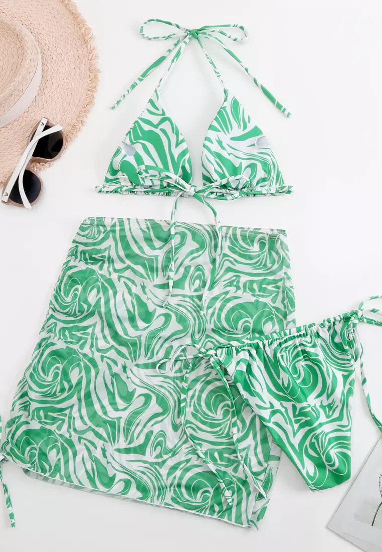 White and green cheap leaf bathing suit