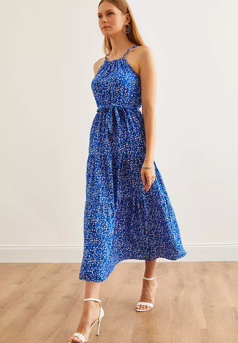Halter Neck Belted Woven Viscose Dress