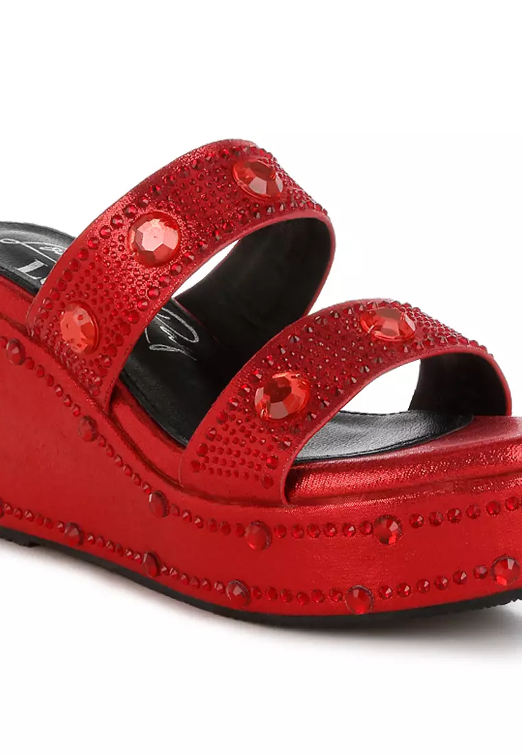 Rhinestone & Diamante Wedge Sandals in Red