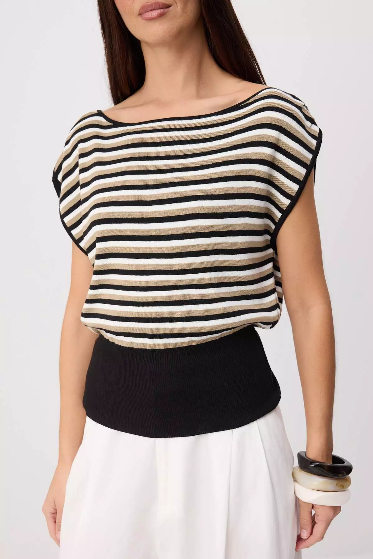 Black Striped Summer Special Yarn Boat Neck Waist Fitted Knitwear Blouse Twoss26Bz00313