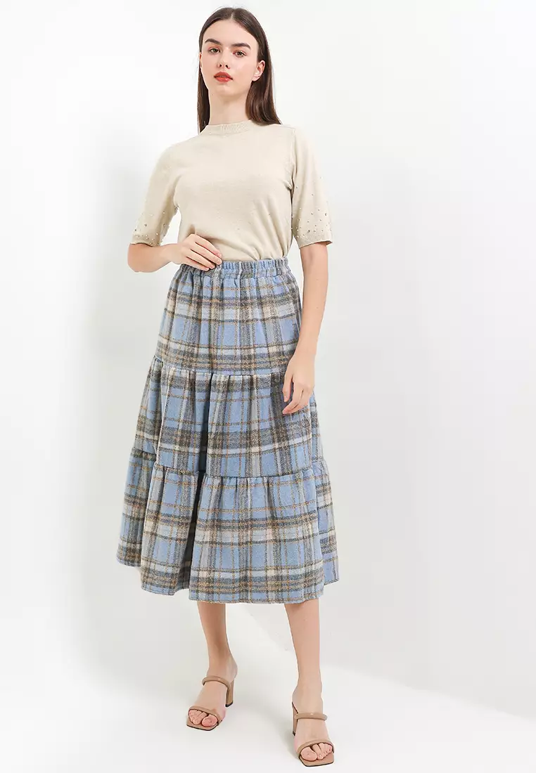 Midi Tieres Checkered Flanel Skirt
