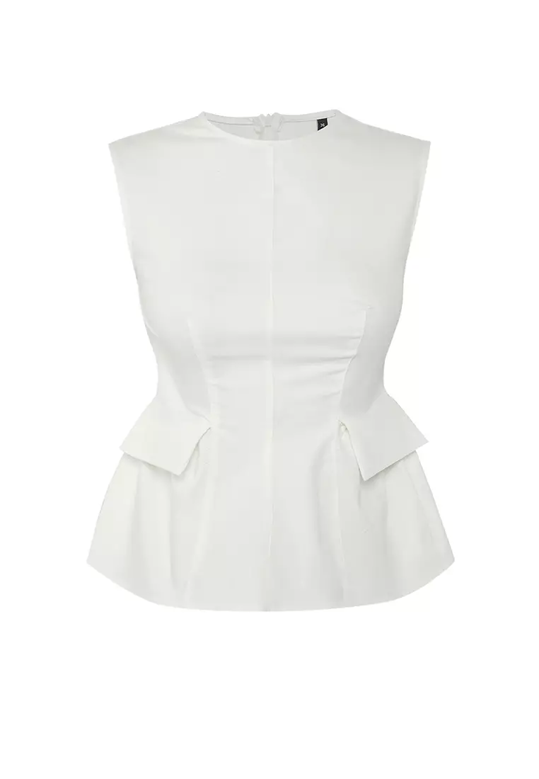 Ecru White Cotton Gabardine Peplum Fitted Pocket Detailed Woven Blouse TWOSS25BZ00538