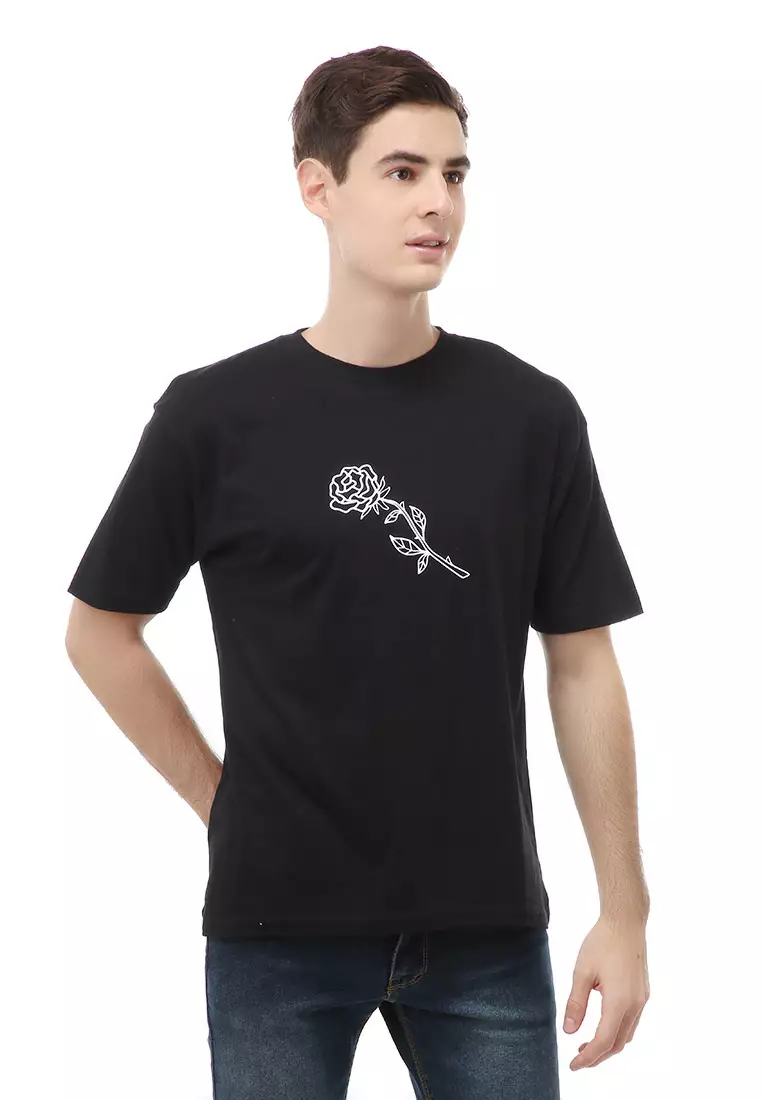 Jack T-Shirt Atasan Kasual Kaos Pria Rose Motive Lengan Pendek Material Cotton ORIGINAL - Black