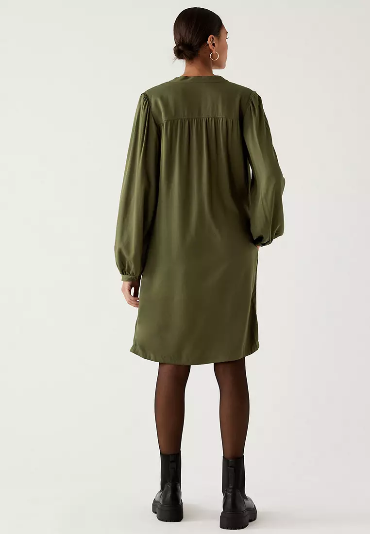 V-Neck Button Front Knee Length Shift Dress