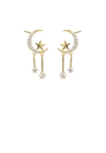 Glamorousky white 925 Sterling Silver Plated Gold Fashion Temperament Moon Star Tassel Earrings with Cubic Zirconia 7F39EAC80C240EGS_1