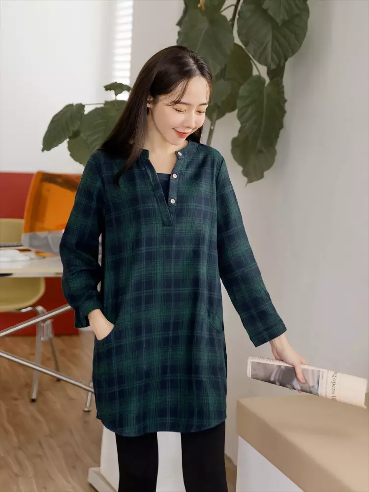 Fake Two-piece Plaid Buttoned Double Pocket Long Top [AB19163]