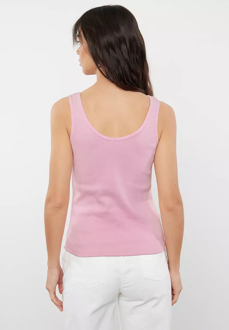 Light Pink Fitted Pool Neck Ribbed Stretchy Knitted Undershirt