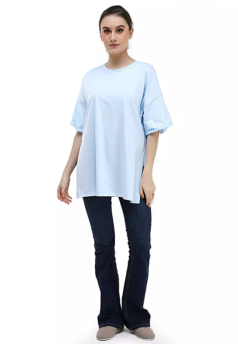 Fintan Tshirt Super Comfy Short Sleeve Design Simple And Casual Look Atasan Wanita - Blue