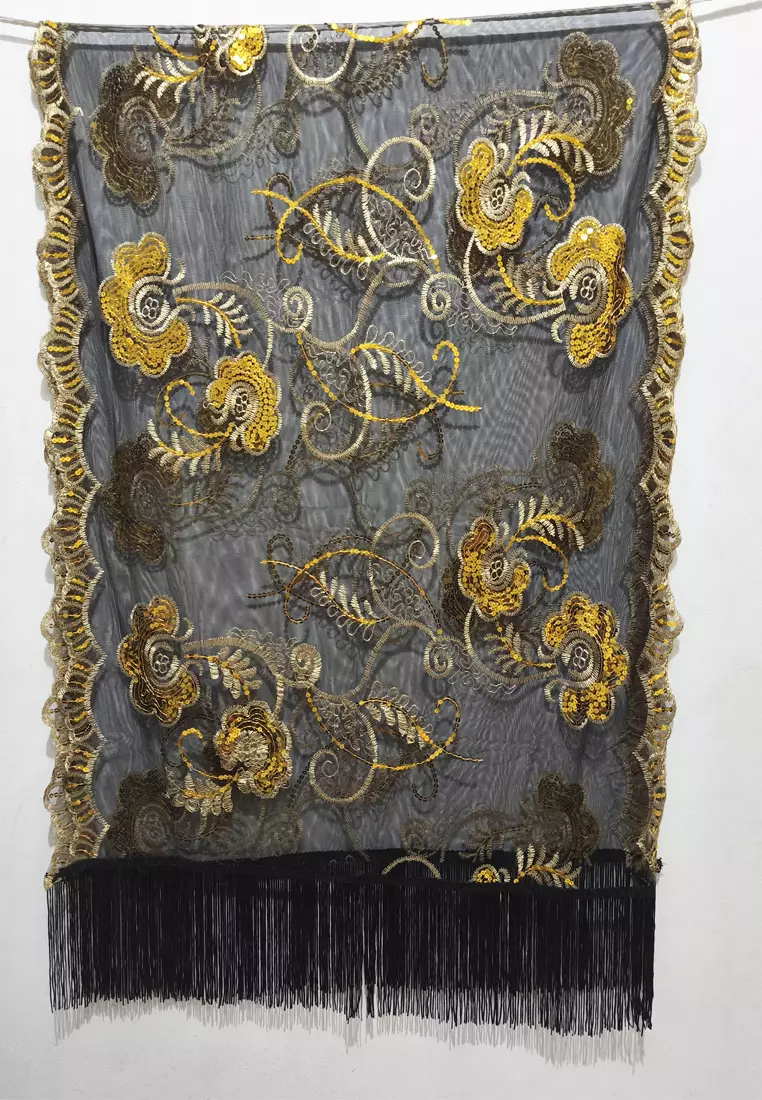 Aksesoris Wanita marigold Flower Sequinn Lace  Fringed Evening Shawl Syal Pesta Wanita Black & Gold