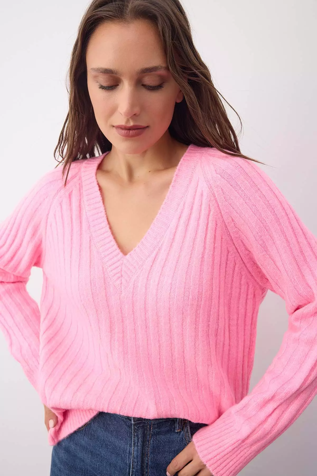 Wardrobe Essentials Pink Soft Textured Ribbed Knit Sweater