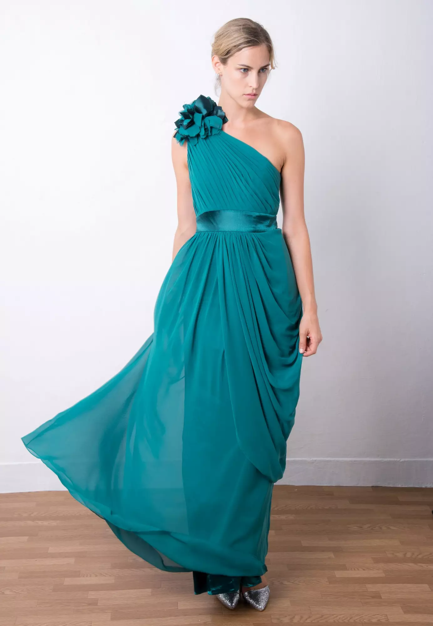 Draped Chiffon One-Shoulder Gown