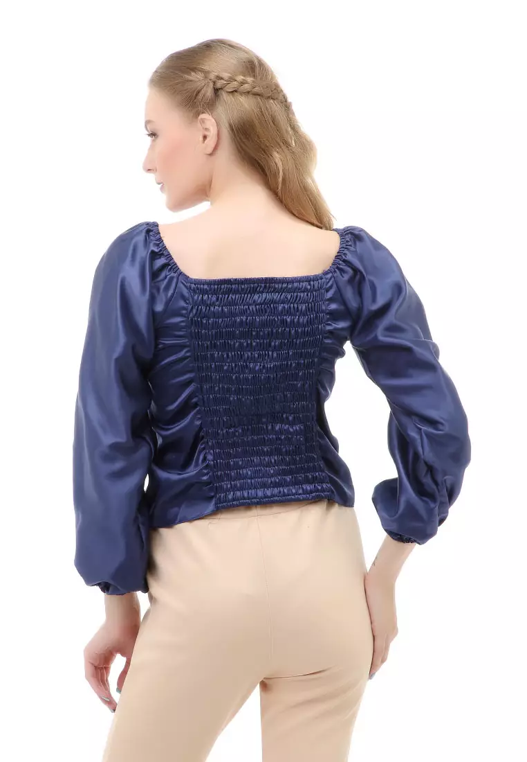 Cheva Blouse Casual Wanita Sabrina Kerut Dada Lengan Panjang Material Satin ORIGINAL - Navy