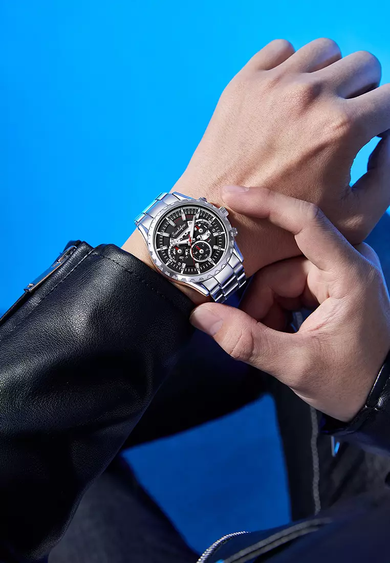 Jam Tangan Pria 8081 Kuarsa Hollow Design Kalender Tali Stainless Steel Jam Tangan Cowok Silverblack