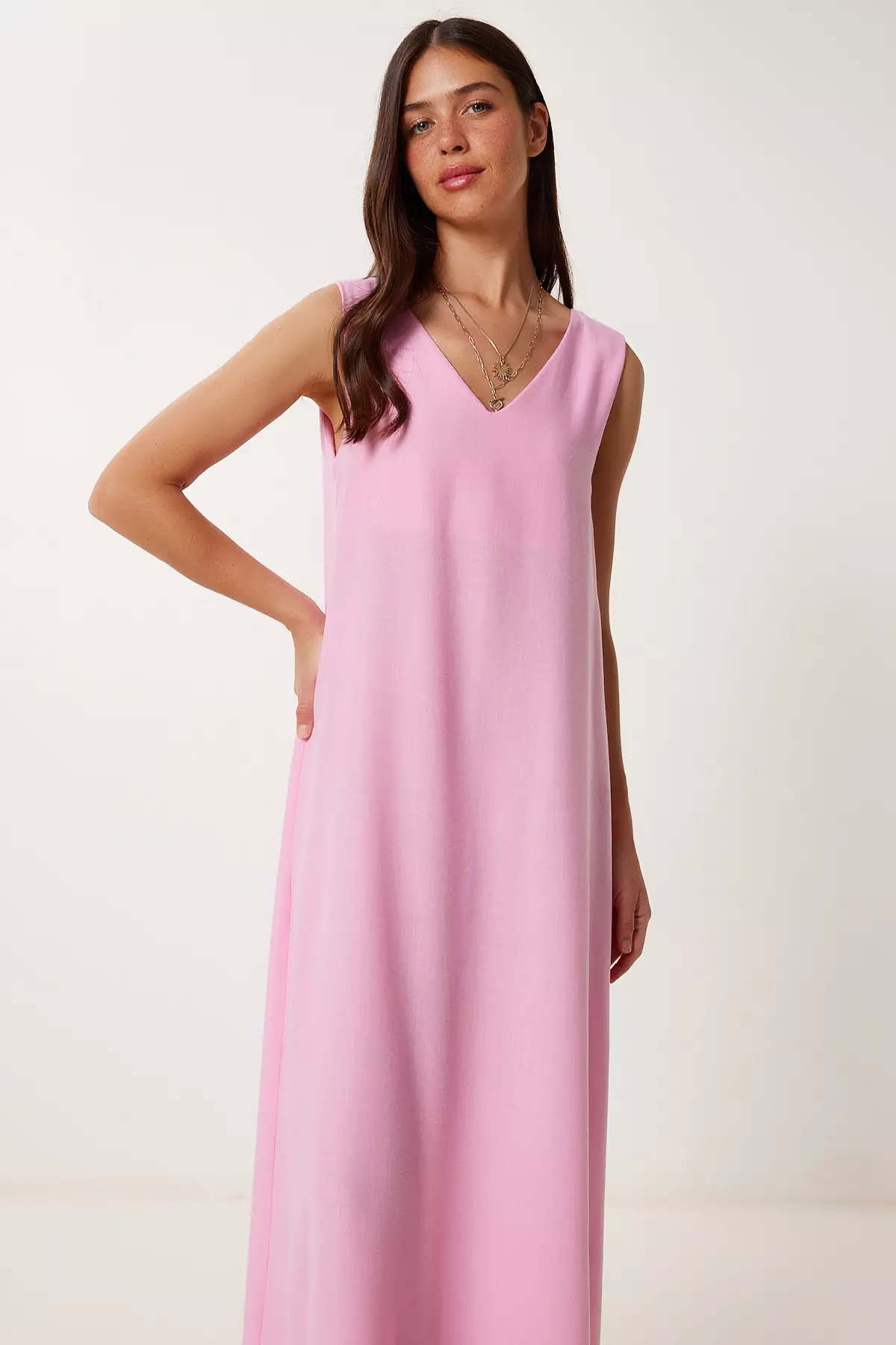 Women's Pink Sleeveless Basic Summer Linen Dress Dz00128