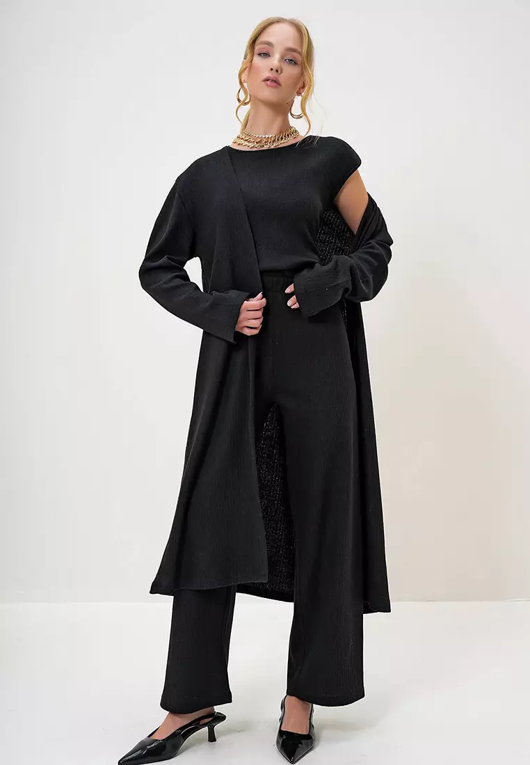 Bike Neck Blouse Trousers and Cardigan Set Suit