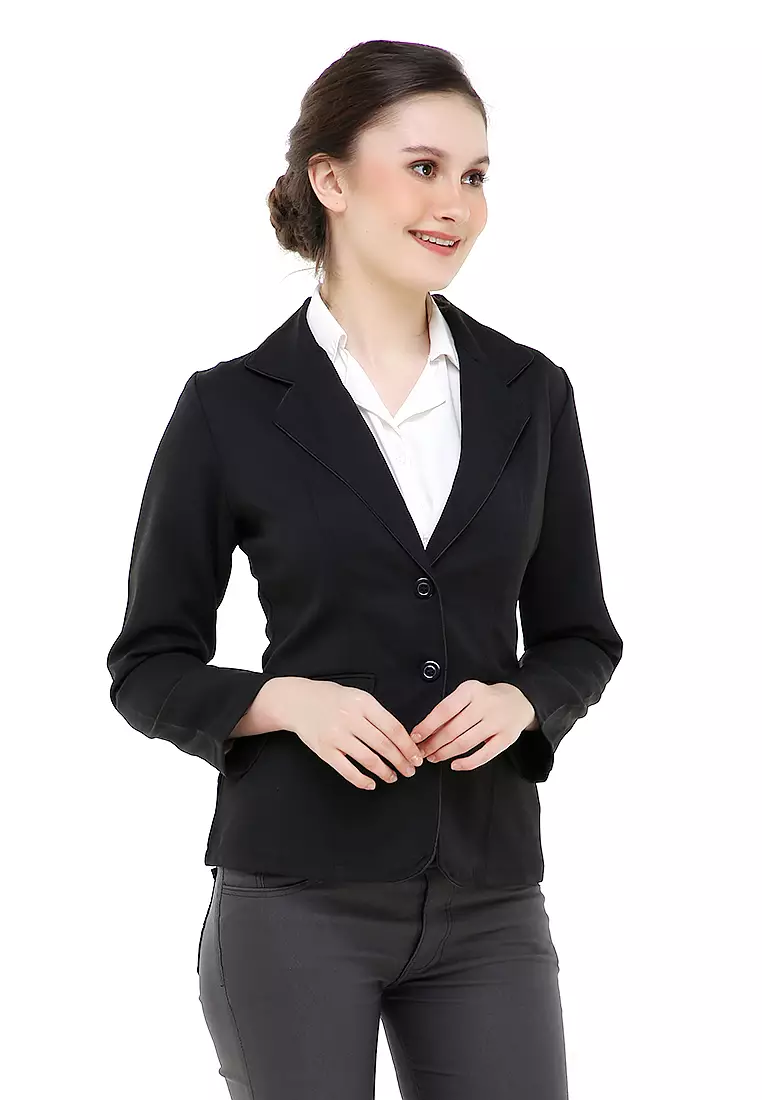 Qemsya Jas Blazer Wanita Korean Style Formal Longsleeve Suit Material Polyester ORIGINAL - Black