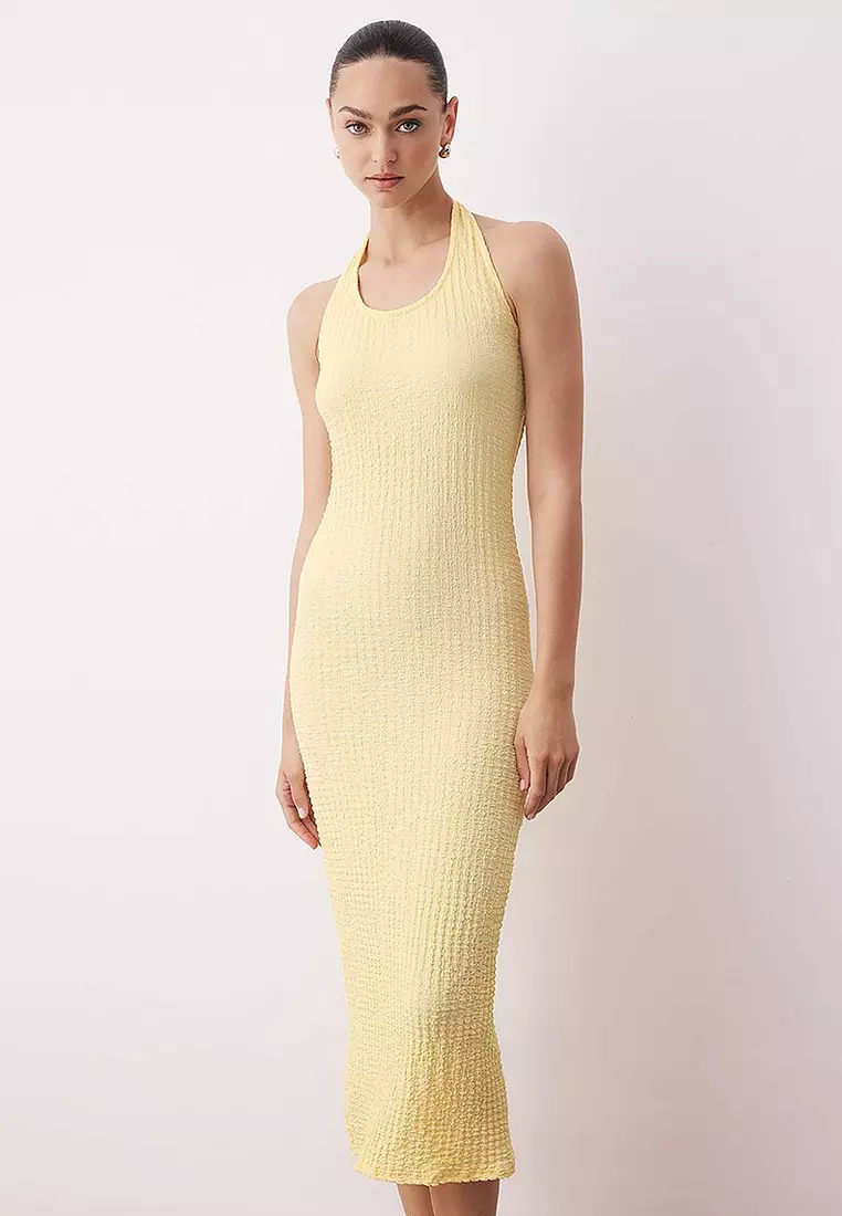 Textured Halter Neck Bodycon/Fits Stretchy Midi Knit Dress