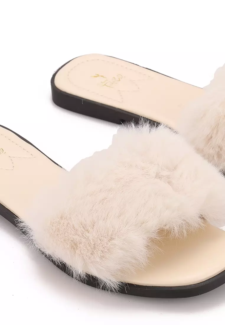 White fur flip flops shop