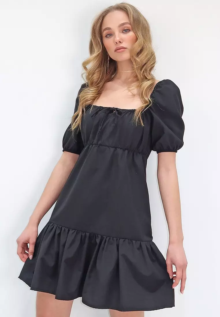 Women's Black Square Neck Balloon Sleeve Poplin Mini Dress Alc-X13594