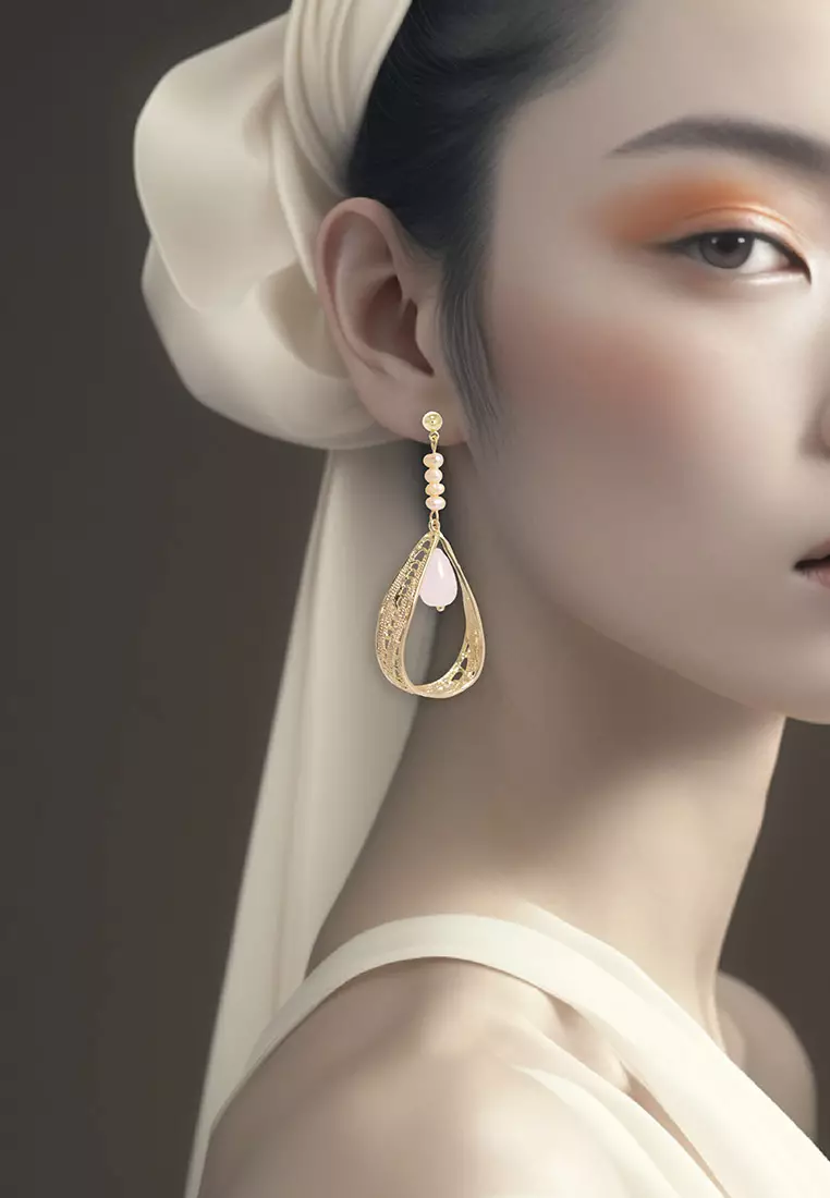 The Antecedent Store Oriental Motif Earrings with Rose Quartz - 14K Real Gold Plated Jewelry