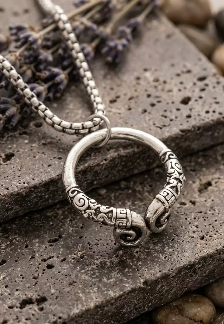 Aksesoris Pria Curled Ring Pendant Premium Stainless Steel Necklace Kalung Pria Cincin Silver